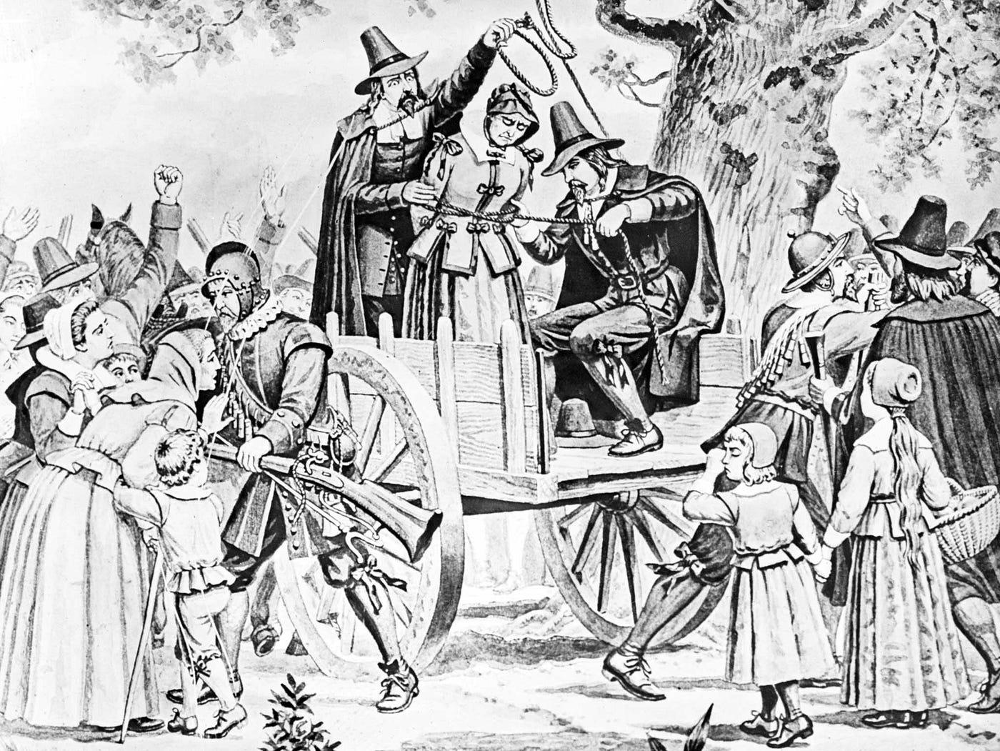这幅黑白画描绘了一群人围着一个因施巫术而被绞死的女人