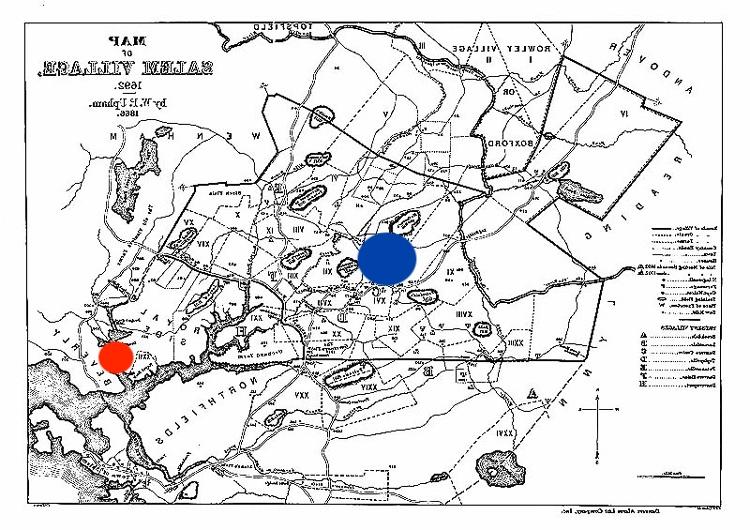 塞勒姆的黑白地图, 中间的蓝点表示塞勒姆村，右下角的红点表示塞勒姆镇